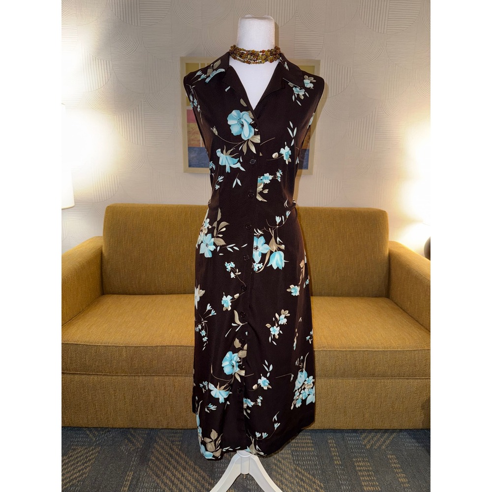 90s Studio I Brown Turquoise Floral Button Front Sleeveless Midi Dress 14P